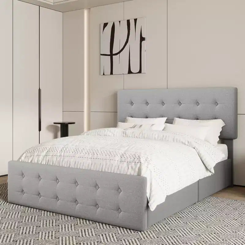 Bed Frame with 4 Storage Drawers and Adjustable Headboard, Faux Leather Upholstered Platform, Button Tufted, Strong Wooden Slats, No Box Spring Needed