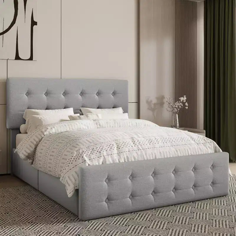 Bed Frame with 4 Storage Drawers and Adjustable Headboard, Faux Leather Upholstered Platform, Button Tufted, Strong Wooden Slats, No Box Spring Needed