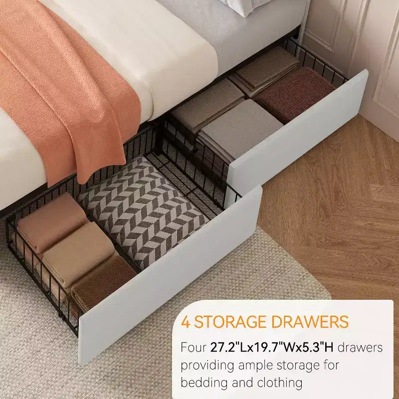 Bed Frame with 4 Storage Drawers and Adjustable Headboard, Faux Leather Upholstered Platform, Button Tufted, Strong Wooden Slats, No Box Spring Needed