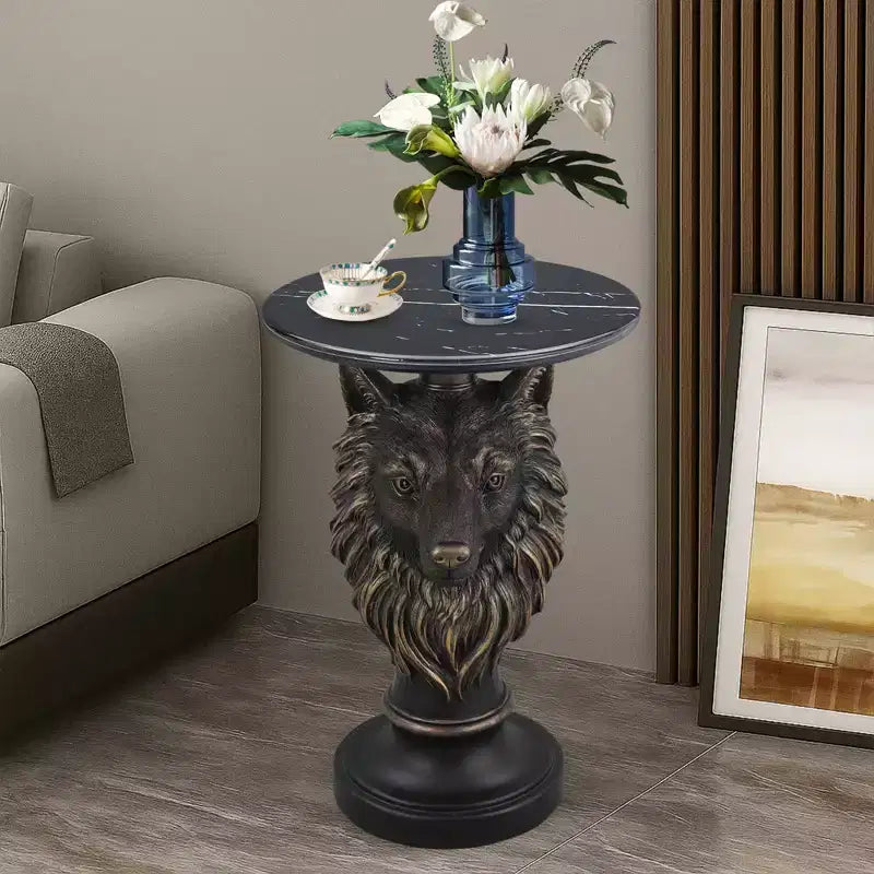 Wolf Head Accent Table, Animal Statue End Table for Living Room Home Decor