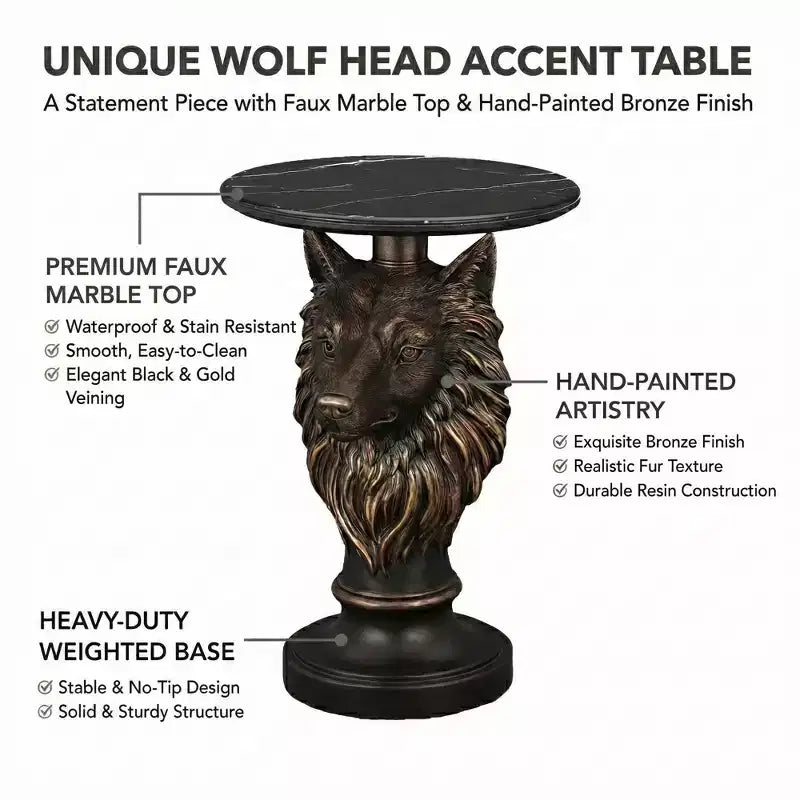 Wolf Head Accent Table, Animal Statue End Table for Living Room Home Decor