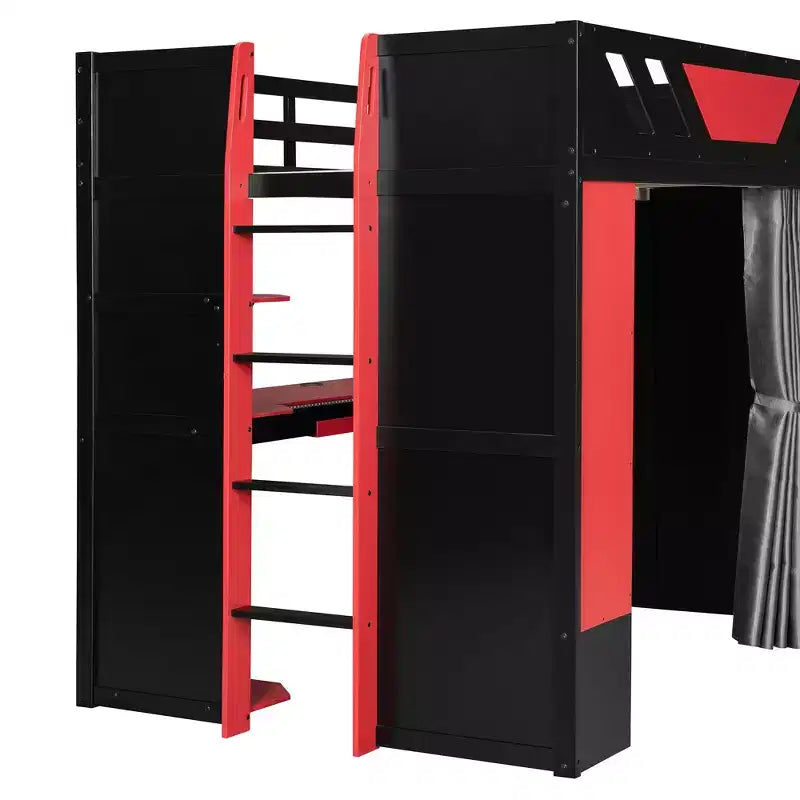Luxystar Full Loft Bed With Lighted Computer Desk, Keyboard Tray, Storage Shelves and Blackout Curtain