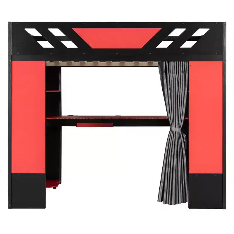 Luxystar Full Loft Bed With Lighted Computer Desk, Keyboard Tray, Storage Shelves and Blackout Curtain