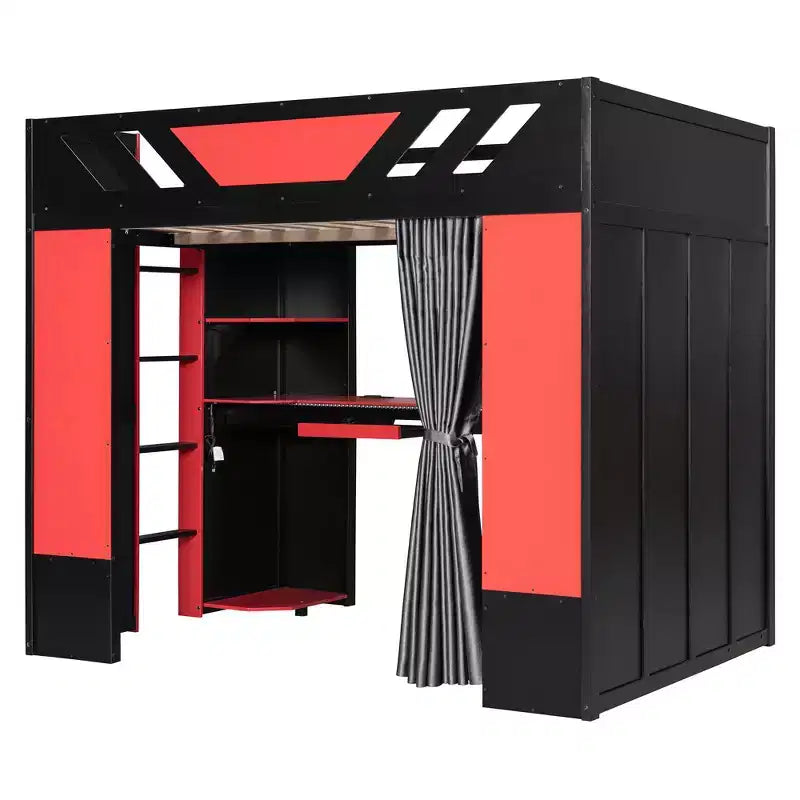 Luxystar Full Loft Bed With Lighted Computer Desk, Keyboard Tray, Storage Shelves and Blackout Curtain