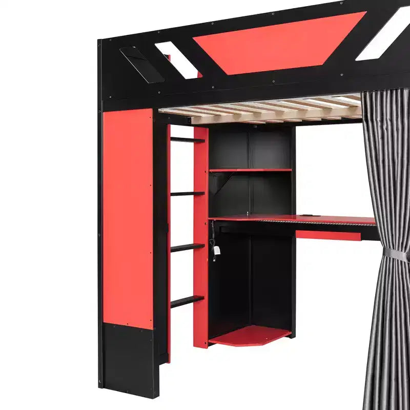 Luxystar Full Loft Bed With Lighted Computer Desk, Keyboard Tray, Storage Shelves and Blackout Curtain