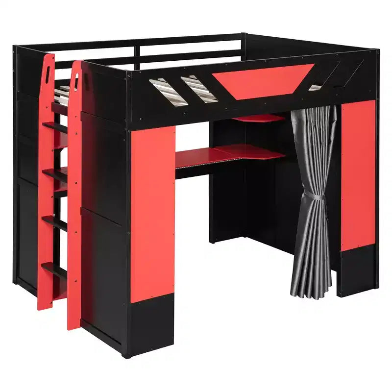 Luxystar Full Loft Bed With Lighted Computer Desk, Keyboard Tray, Storage Shelves and Blackout Curtain