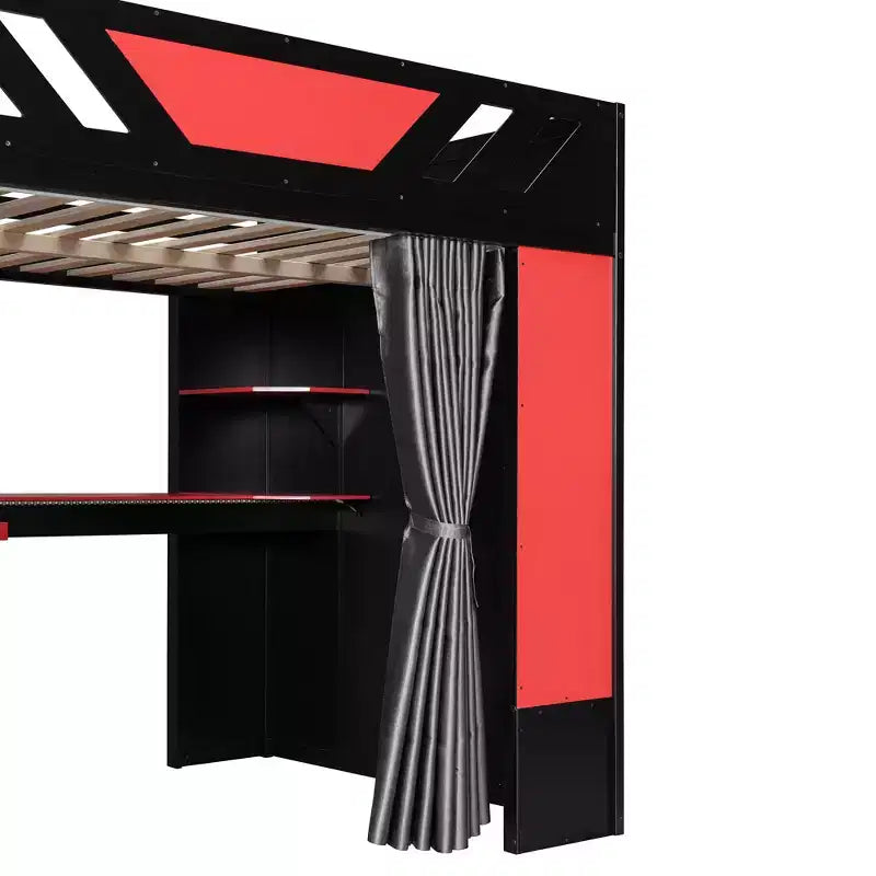Luxystar Full Loft Bed With Lighted Computer Desk, Keyboard Tray, Storage Shelves and Blackout Curtain