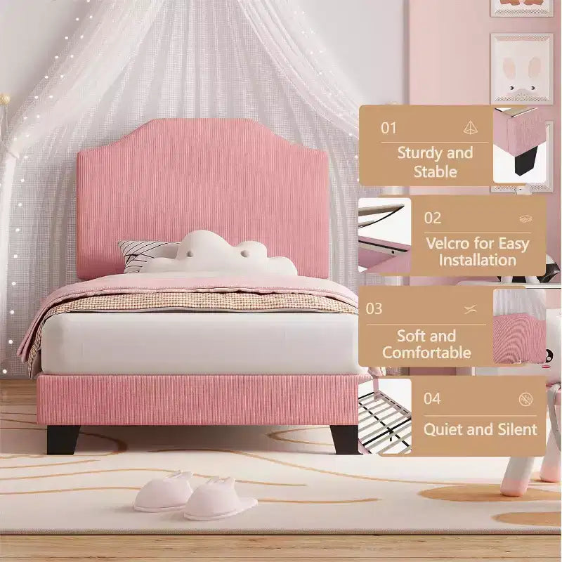 Twin Size Velvet Bed Frame, Adjustable Headboard, Soft Corduroy Upholstered Platform, Durable Wooden Slats, Noise Free, No Box Spring Needed, Pink