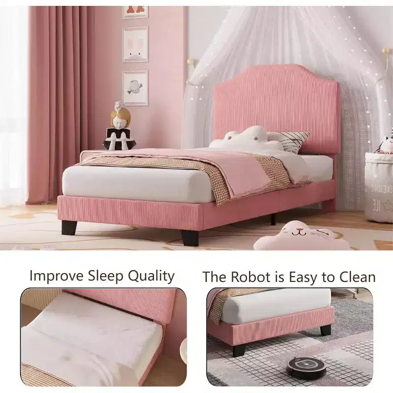 Twin Size Velvet Bed Frame, Adjustable Headboard, Soft Corduroy Upholstered Platform, Durable Wooden Slats, Noise Free, No Box Spring Needed, Pink