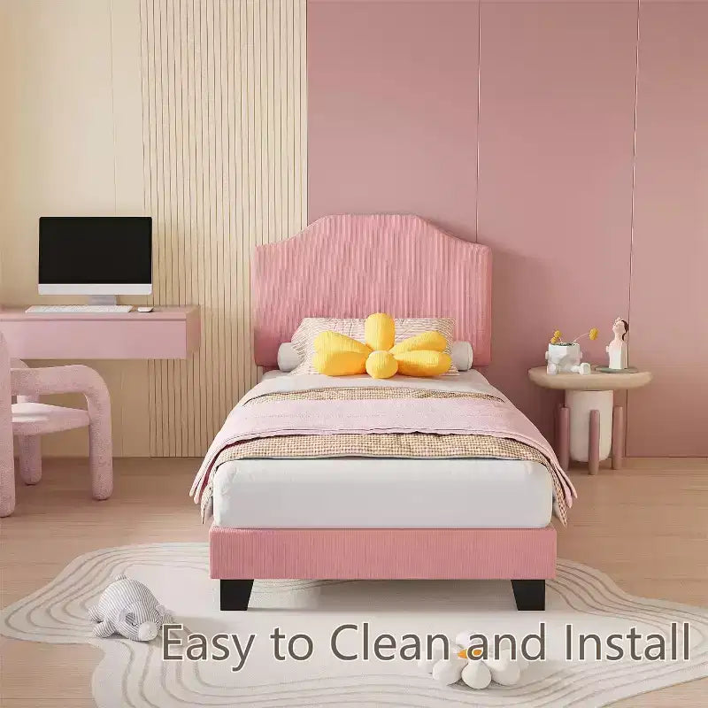 Twin Size Velvet Bed Frame, Adjustable Headboard, Soft Corduroy Upholstered Platform, Durable Wooden Slats, Noise Free, No Box Spring Needed, Pink