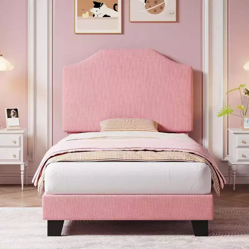 Twin Size Velvet Bed Frame, Adjustable Headboard, Soft Corduroy Upholstered Platform, Durable Wooden Slats, Noise Free, No Box Spring Needed, Pink