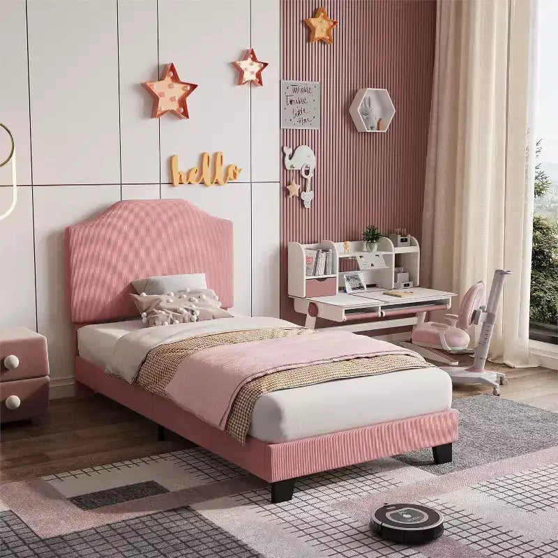 Twin Size Velvet Bed Frame, Adjustable Headboard, Soft Corduroy Upholstered Platform, Durable Wooden Slats, Noise Free, No Box Spring Needed, Pink