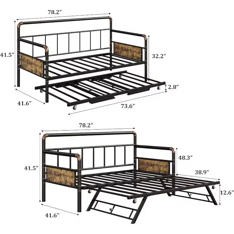 Twin Daybed with Pop Up Trundle Set, Metal Bed Frame with Steel Slat Support, Sofa Bed for Kids/Teens/Adults, Easy Assembly