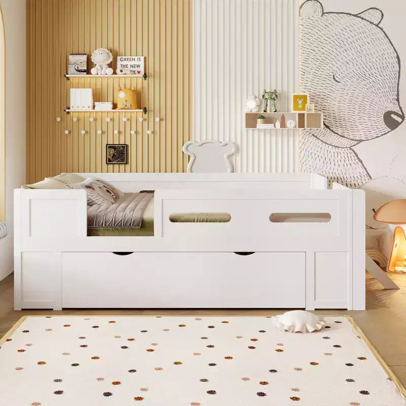 GDFStudio Martin Wood Platform Bed with Guardrail and Drawer
