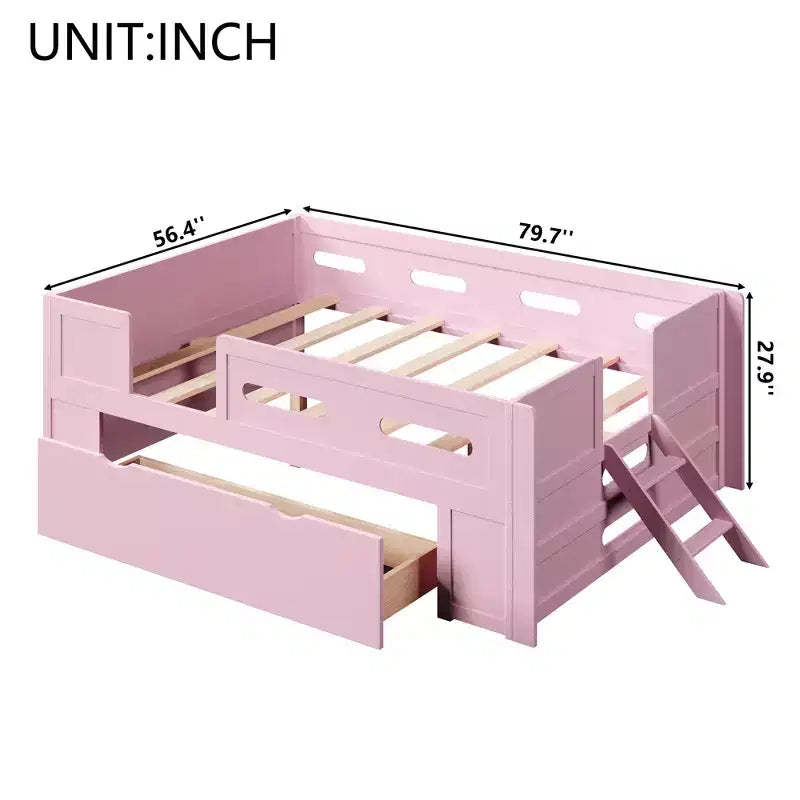 GDFStudio Martin Wood Platform Bed with Guardrail and Drawer
