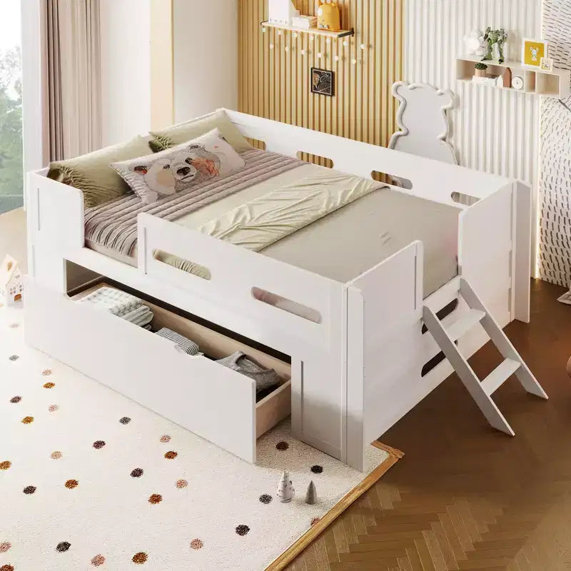 GDFStudio Martin Wood Platform Bed with Guardrail and Drawer