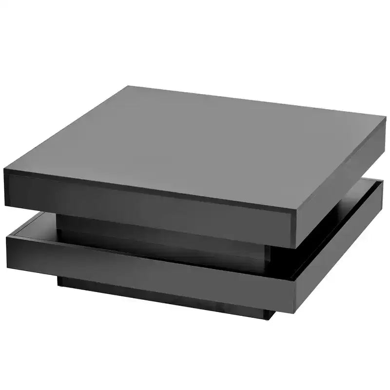 High Gloss LED Coffee Table, 2-Tier Square Center Table for Living Room, Black