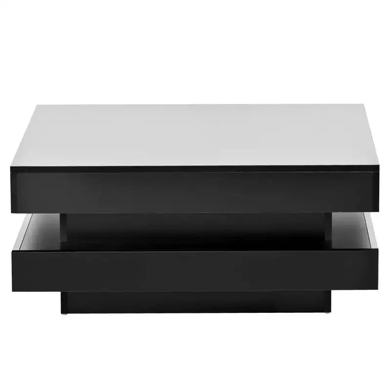 High Gloss LED Coffee Table, 2-Tier Square Center Table for Living Room, Black