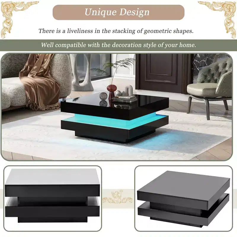 High Gloss LED Coffee Table, 2-Tier Square Center Table for Living Room, Black