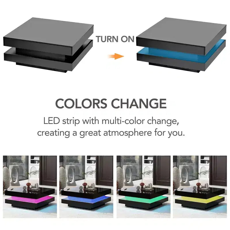 High Gloss LED Coffee Table, 2-Tier Square Center Table for Living Room, Black