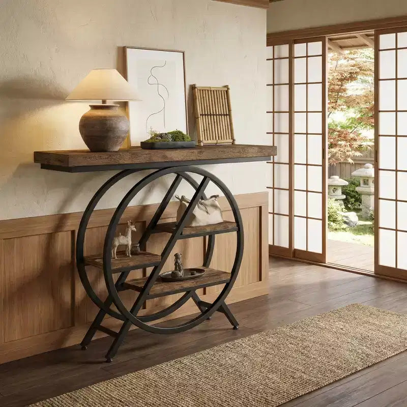 JVNOXK Industrial Chic Hall End Table with Round Metal Frame & Open Storage Shelves