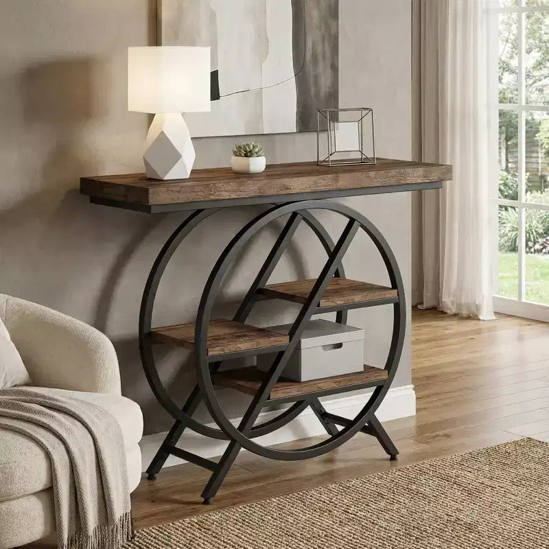 JVNOXK Industrial Chic Hall End Table with Round Metal Frame & Open Storage Shelves