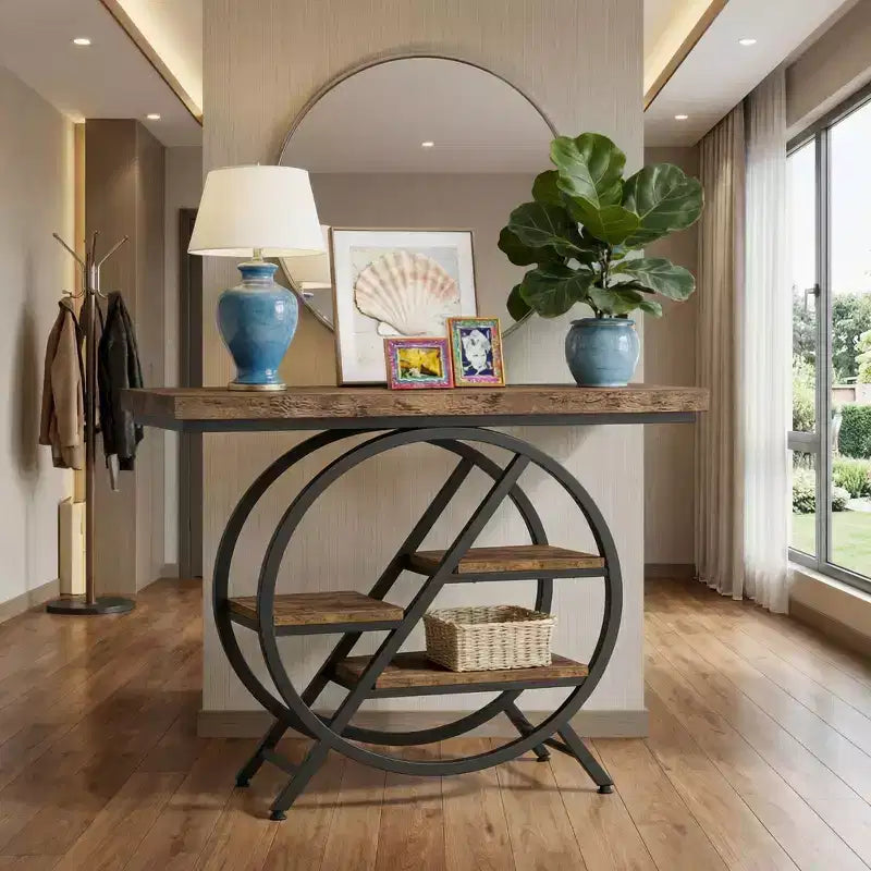 JVNOXK Industrial Chic Hall End Table with Round Metal Frame & Open Storage Shelves