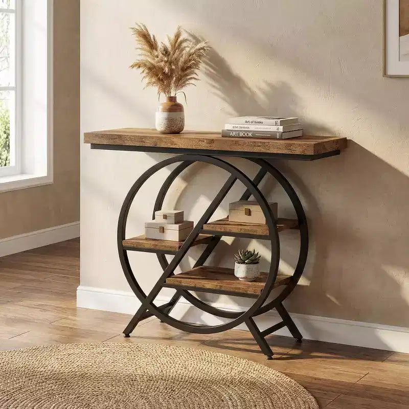 JVNOXK Industrial Chic Hall End Table with Round Metal Frame & Open Storage Shelves