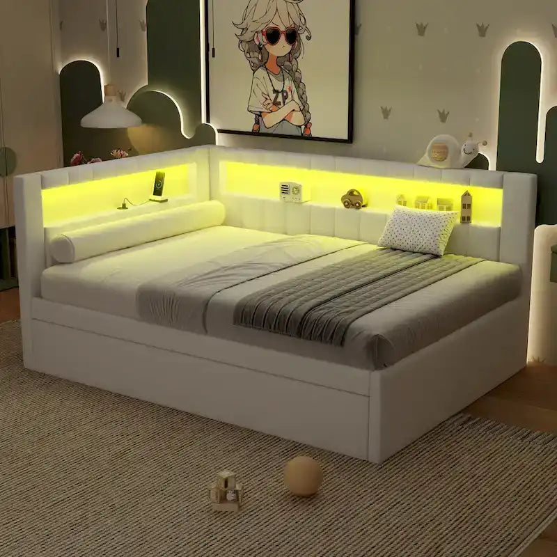 Lit plateforme rembourré avec ports USB et éclairage LED - Cadre de lit double/simple avec 2 tiroirs de rangement - Chambre à coucher moderne