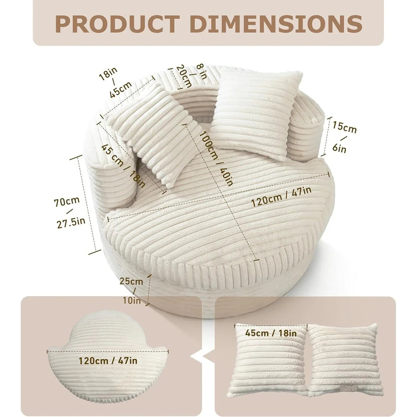 WOWMAX 47 Chaise Longue Ronde Intérieure, Canapé de Sol Surdimensionné en Velours Côtelé avec 2 Coussins Décoratifs