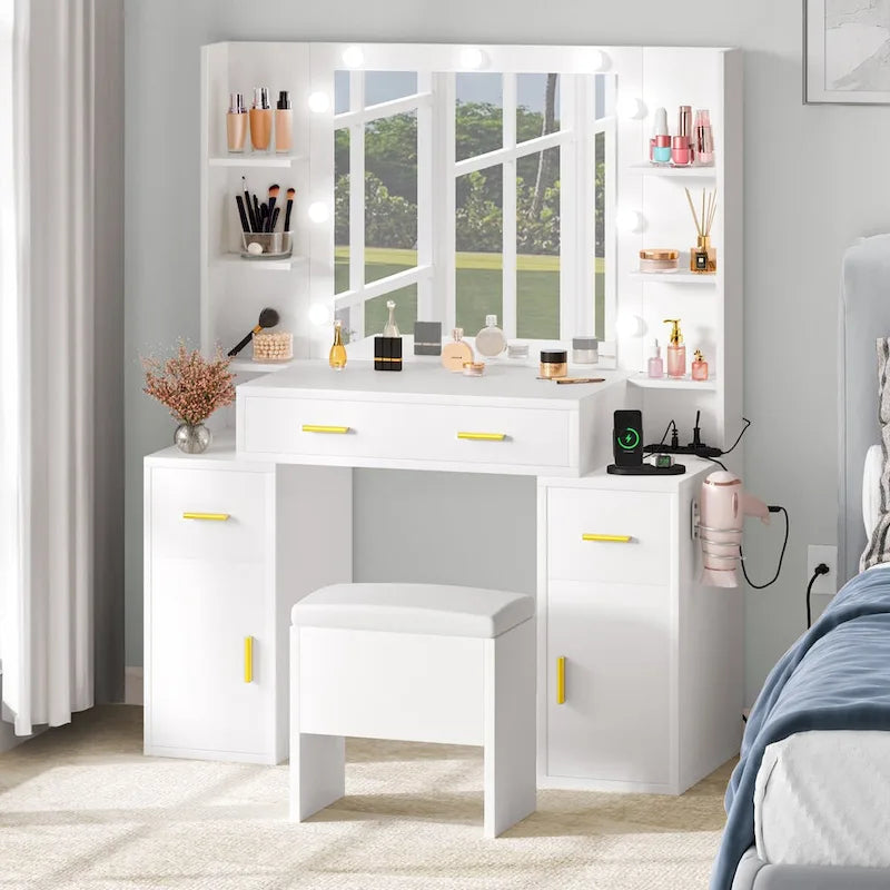 Coiffeuse avec prises intégrées et miroir éclairé, 55,1H x 43,3L x 15,74P