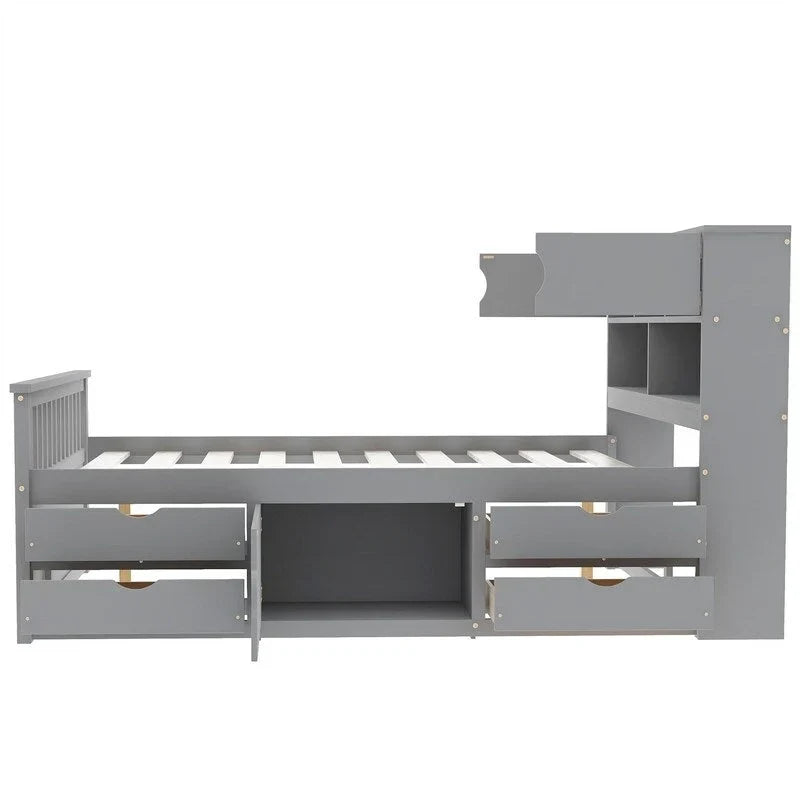 Lit plateforme capitaine double/grand avec 4 tiroirs et étagères de rangement, cadre de lit en bois massif avec tête de lit bibliothèque de rangement