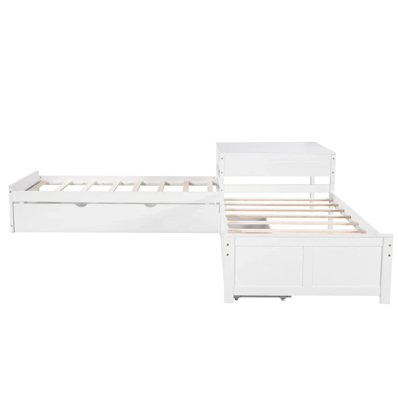 Lit plateforme en L moderne blanc de taille double avec lit gigogne et tiroirs pour chambre à coucher