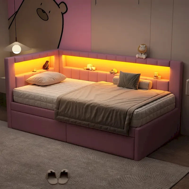 Lit plateforme rembourré avec ports USB et éclairage LED - Cadre de lit double/simple avec 2 tiroirs de rangement - Chambre à coucher moderne