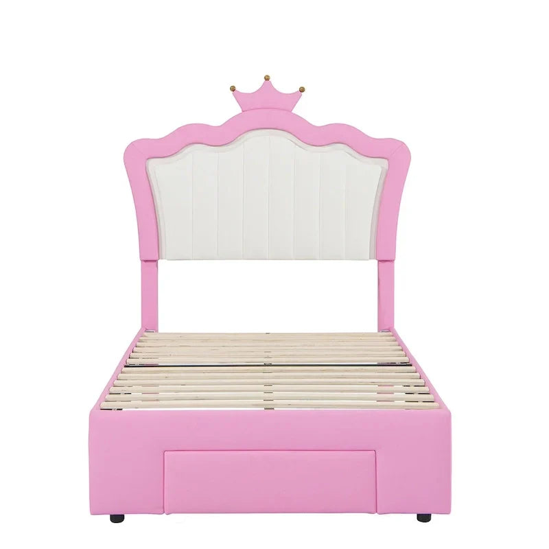 Cadre de lit double rembourré avec lumières LED, lit de princesse moderne rembourré avec tête de lit en forme de couronne, un tiroir, rose+blanc