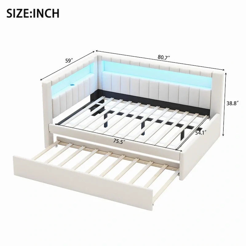 Lit plateforme rembourré avec ports USB et éclairage LED - Cadre de lit double/simple avec 2 tiroirs de rangement - Chambre à coucher moderne