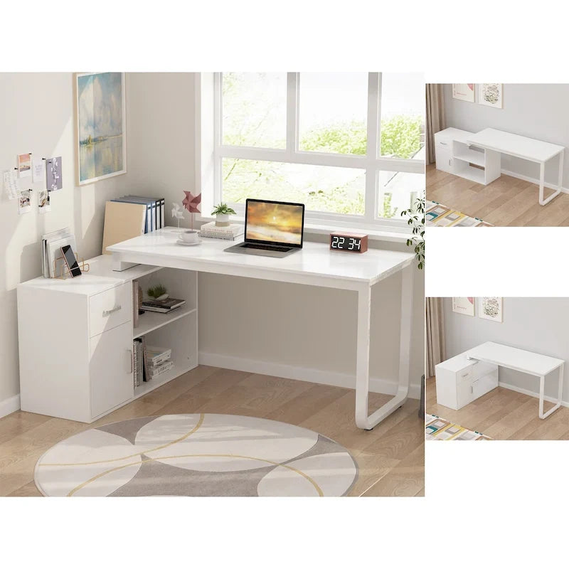Bureau d'angle réversible blanc pivotant Bureau d'ordinateur