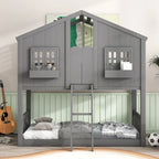Lit superposé cabane jumeau sur jumeau avec toit, fenêtre, jardinière, porte, barrières de sécurité et échelle, gris