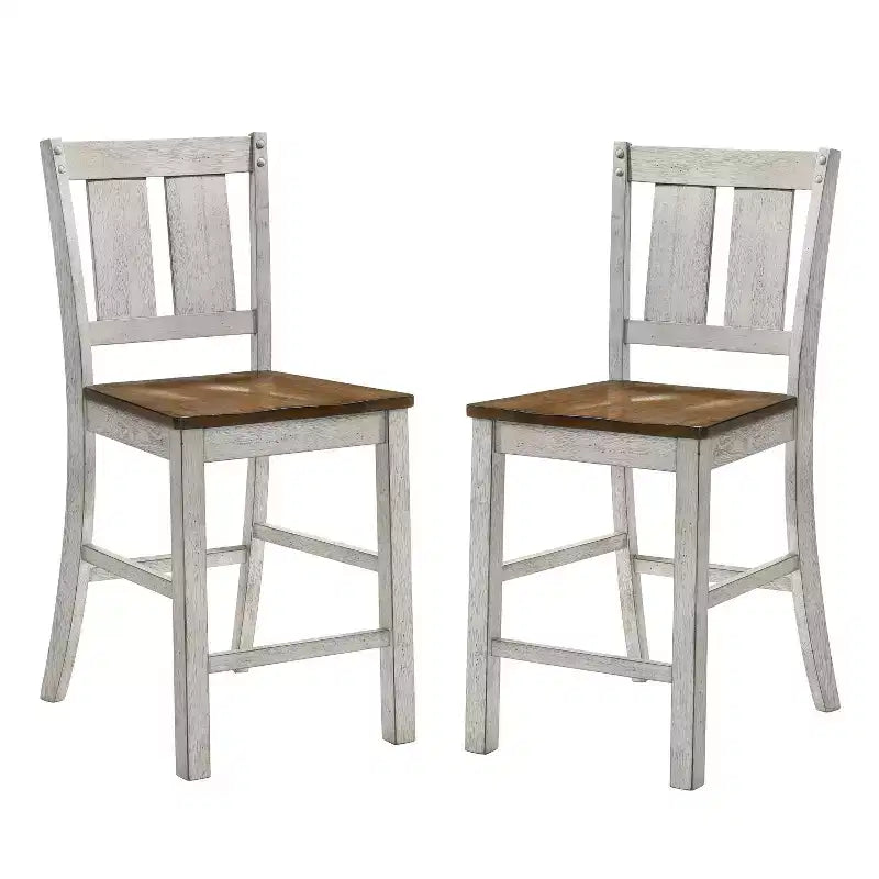 HOMES: Inside + Out Set of 2 Naxti Rustic Counter Height Chairs Light Oak/Antique White: Farmhouse Style, Rubberwood Frame