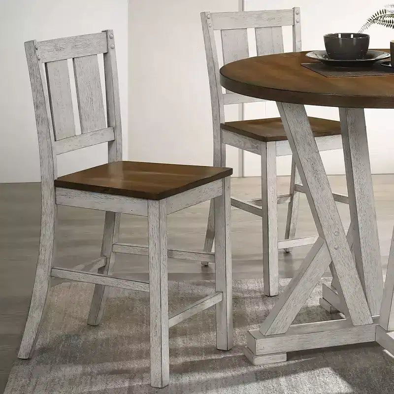 HOMES: Inside + Out Set of 2 Naxti Rustic Counter Height Chairs Light Oak/Antique White: Farmhouse Style, Rubberwood Frame