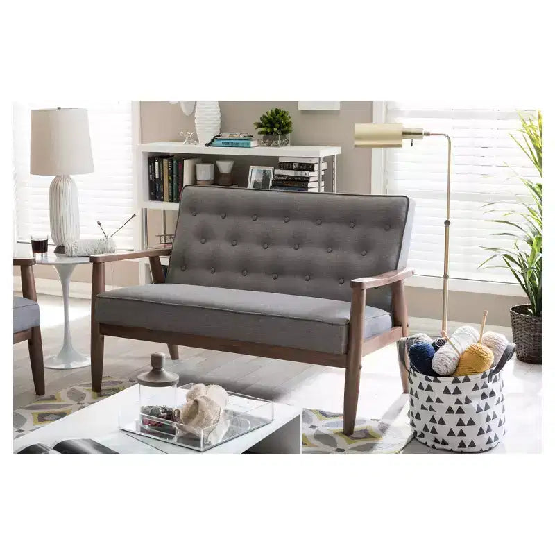 Sorrento Mid-Century Retro Modern Fabric Upholstered Wooden 2 Seater Loveseat Gray - Baxton Studio: Danish Design, Rubberwood Frame