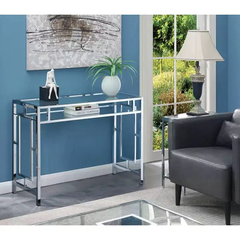 Town Square Chrome Desk with Shelf Chrome - Breighton Home: Tempered Glass, Office, Dorm Storage