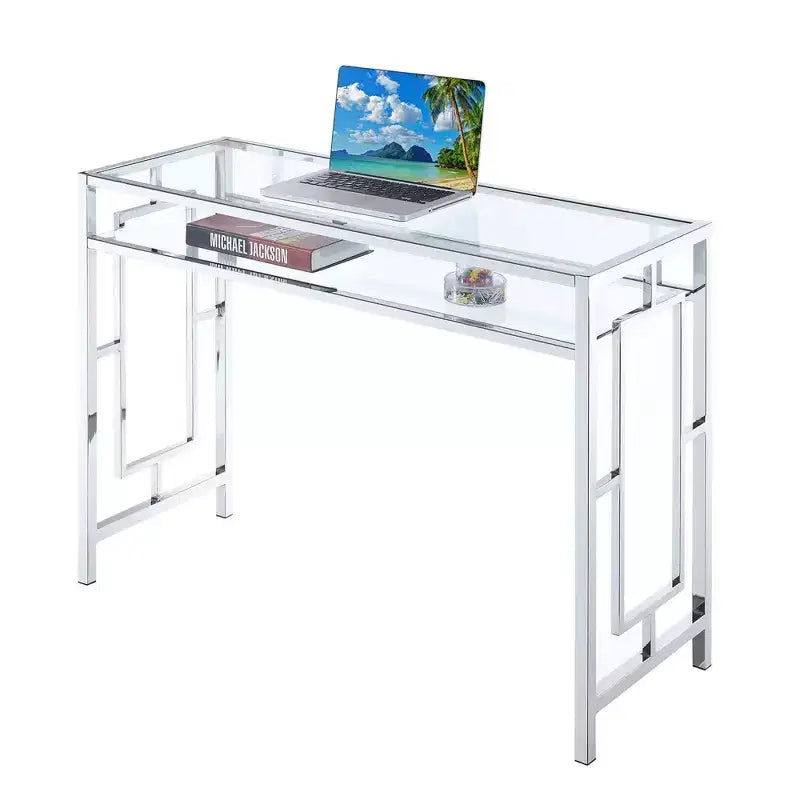 Town Square Chrome Desk with Shelf Chrome - Breighton Home: Tempered Glass, Office, Dorm Storage