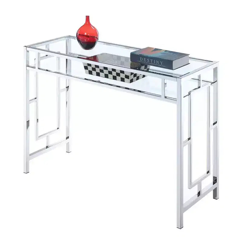 Town Square Chrome Desk with Shelf Chrome - Breighton Home: Tempered Glass, Office, Dorm Storage