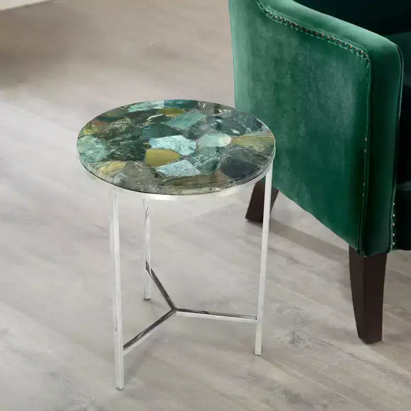 Foster Agate Top Round Chairside Table Emerald Green - Steve Silver Co.: Chrome Base, Spa-Toned Stone, Modern Luxury