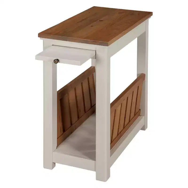 Savannah Chairside Magazine End Table with Pull Out Shelf Ivory with Natural Wood Top - Alaterre Furniture