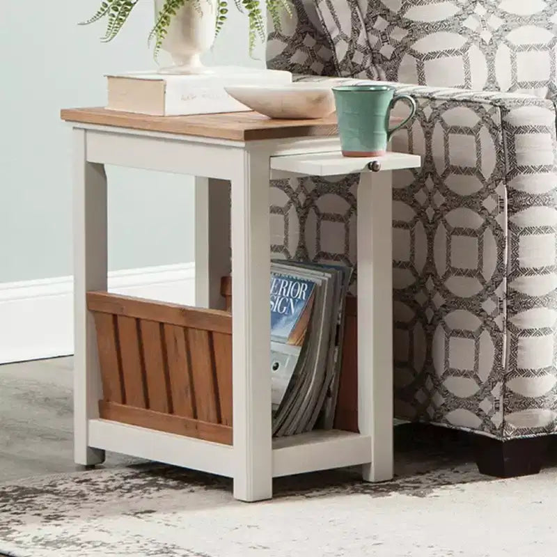 Savannah Chairside Magazine End Table with Pull Out Shelf Ivory with Natural Wood Top - Alaterre Furniture