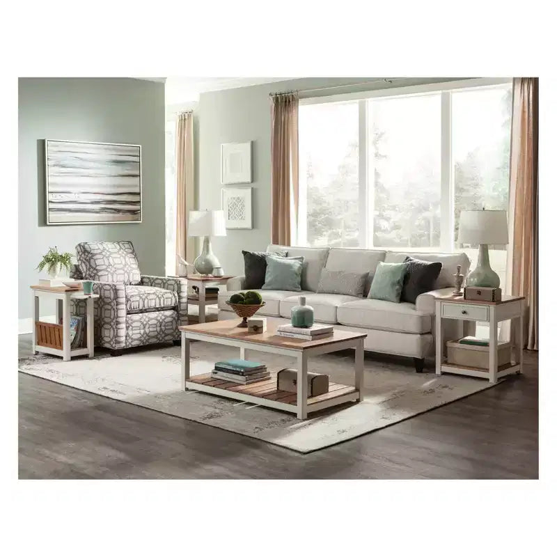Savannah Chairside Magazine End Table with Pull Out Shelf Ivory with Natural Wood Top - Alaterre Furniture