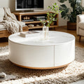 Table basse de forme tambour, ronde, en bois, moderne, blanche avec tiroir