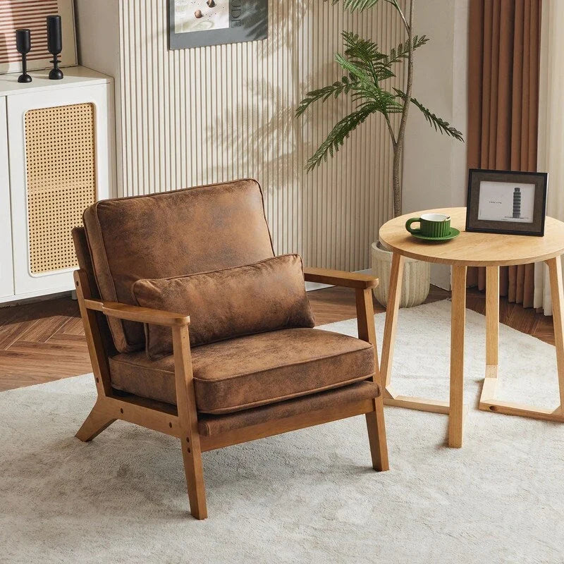 Fauteuil d'appoint rembourré en mélange de lin avec pieds en bois et un oreiller beige